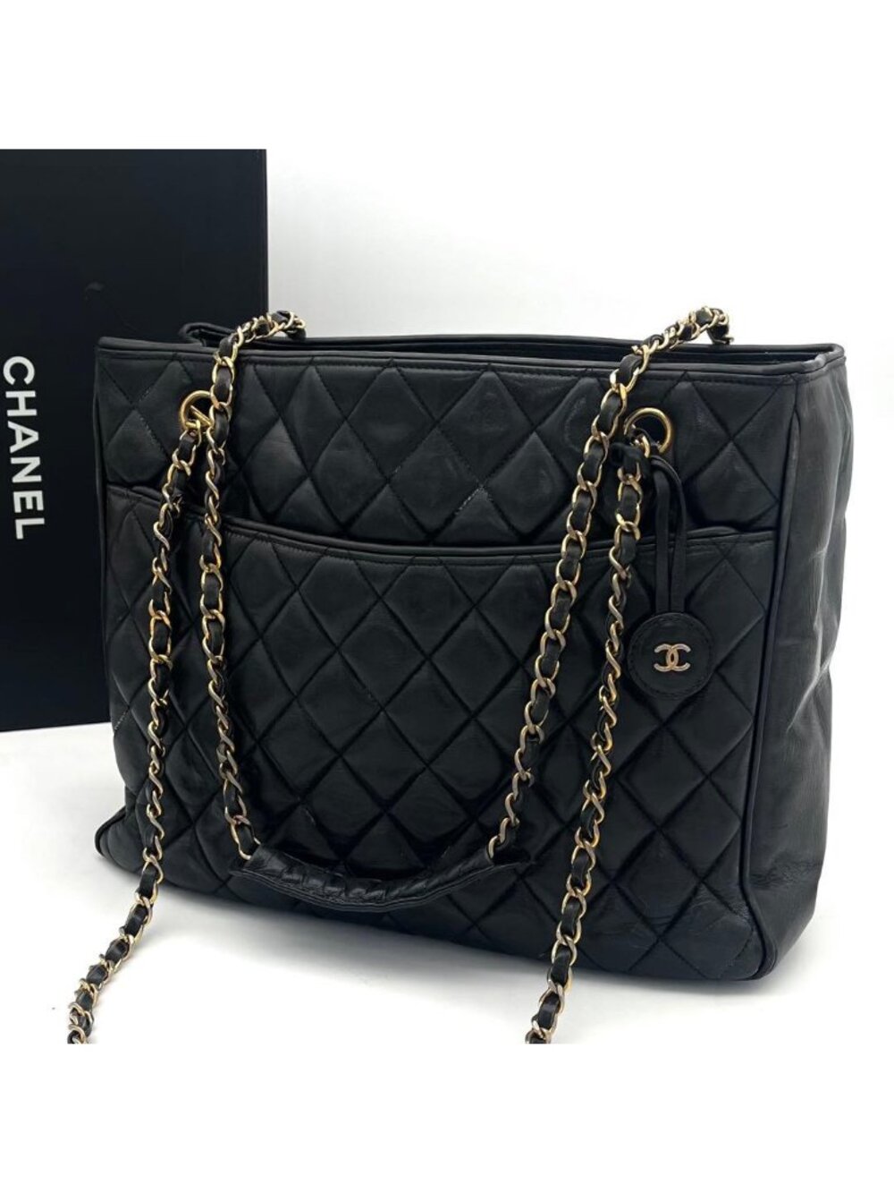 ★SOLD★ Chanel Quilted Tote Chaintote Black Lambskin CC Logo - Picture 9 of 9